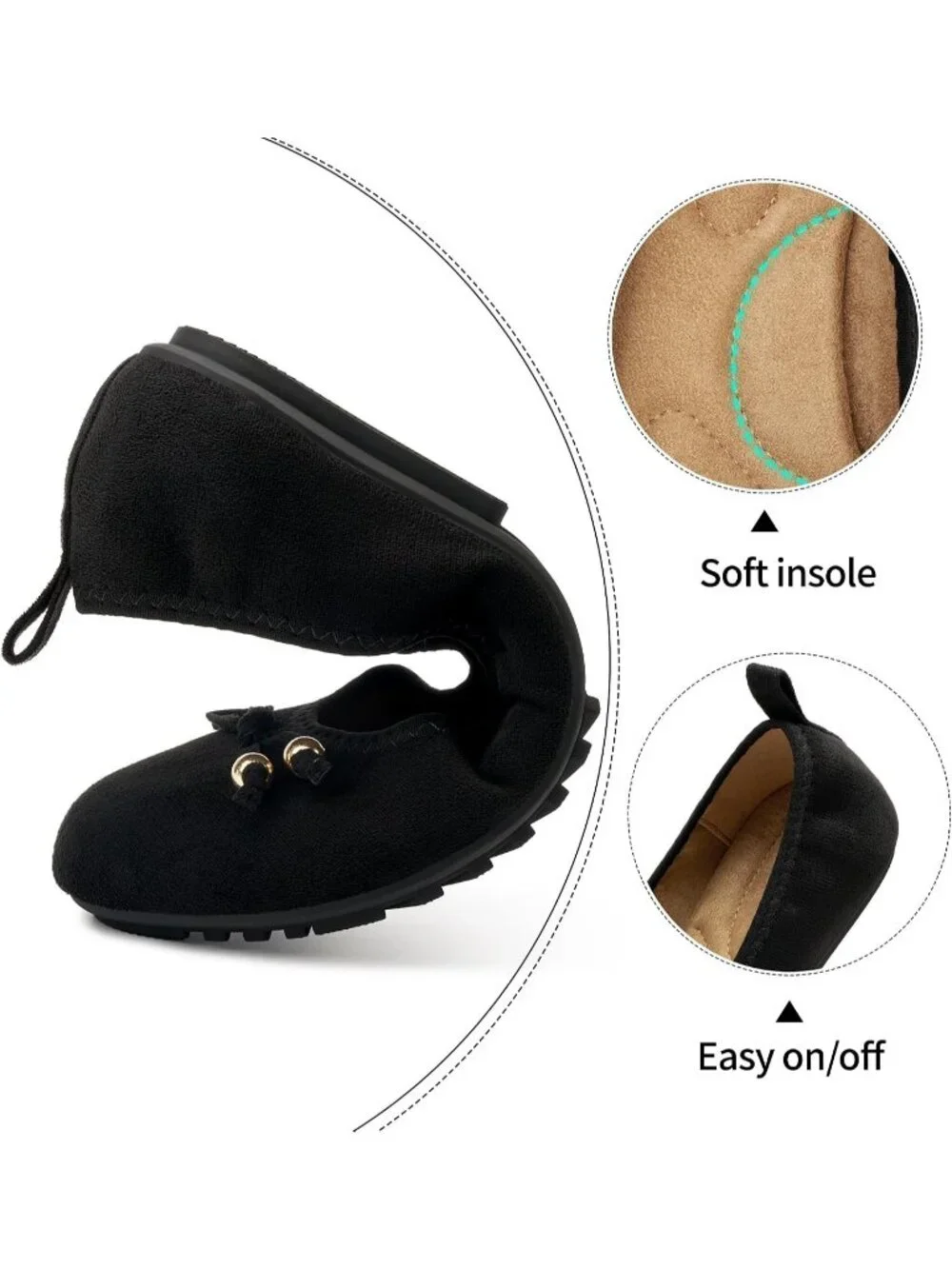 Women's Black Suede PU Leather Round Toe Flats Slip-On Cushioned Comfort Shoes